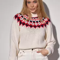 Укороченный вязаный свитер с орнаментом - молочный цвет, L (есть размеры)
