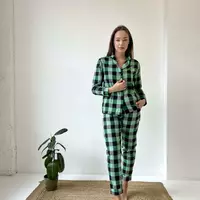 Домашня жіноча піжама COSY у клітинку зелено/чорна (сорочка+штани)