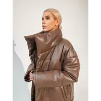 Довга жіноча зимова куртка - пуховик NIKA з екошкіри класу Lux на силіконі 200 без капюшона колір капучино